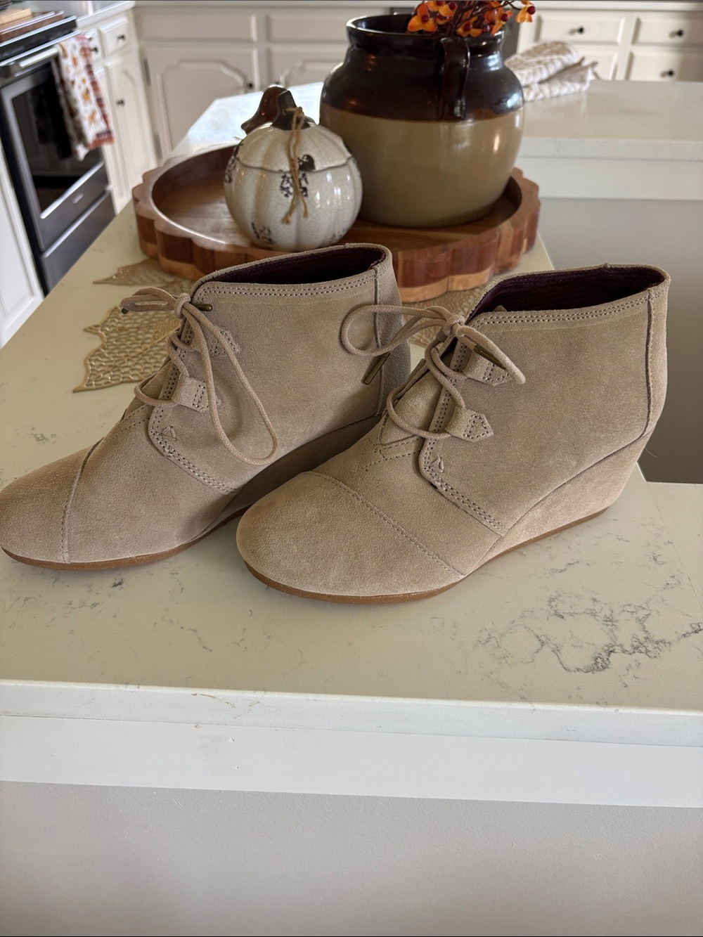 Toms Beige Suede Wedge Lace-Up Booties